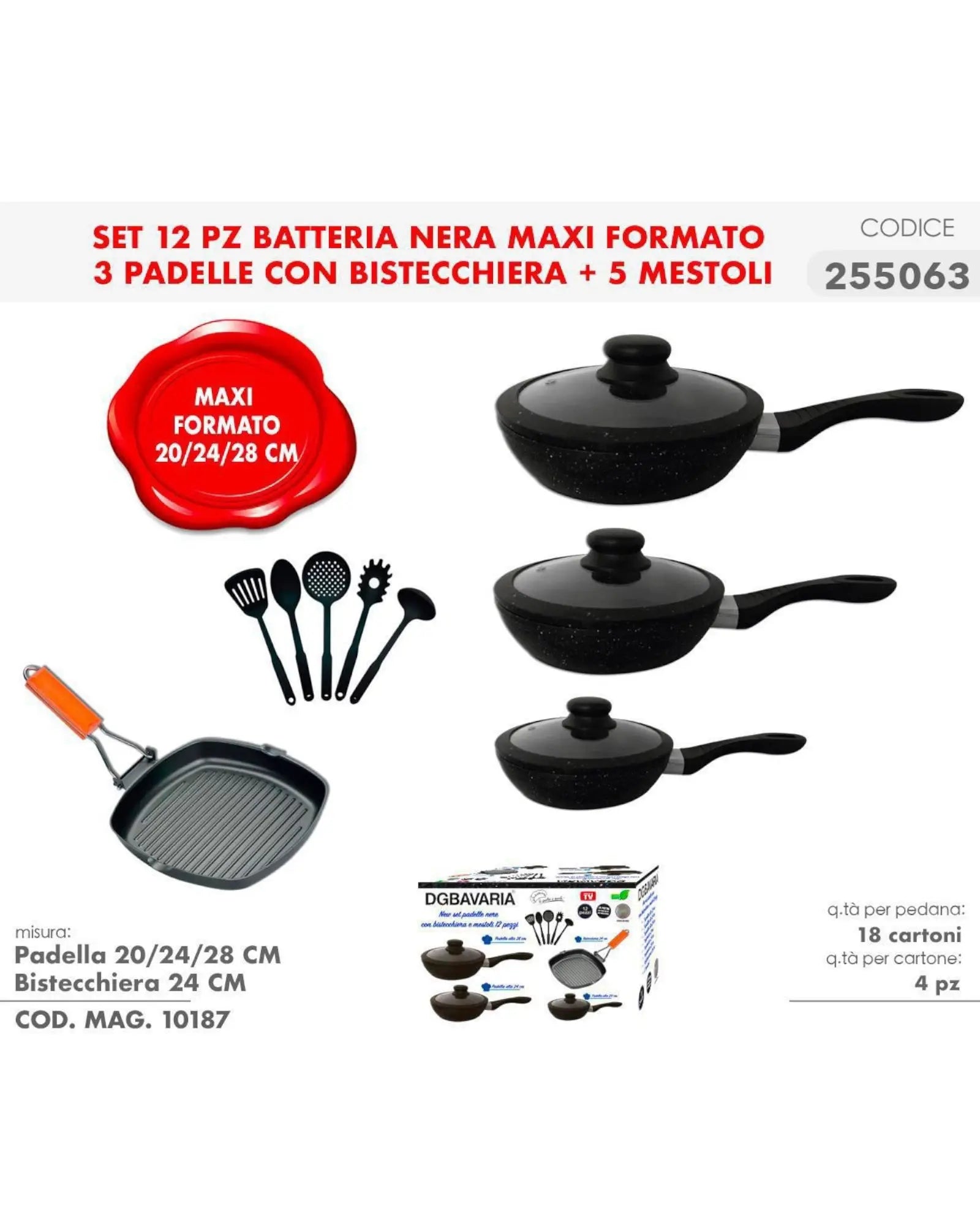 Set di pentole batteria 12 pezzi in pietra antiaderente Bavaria con bistecchiera DG Bavaria