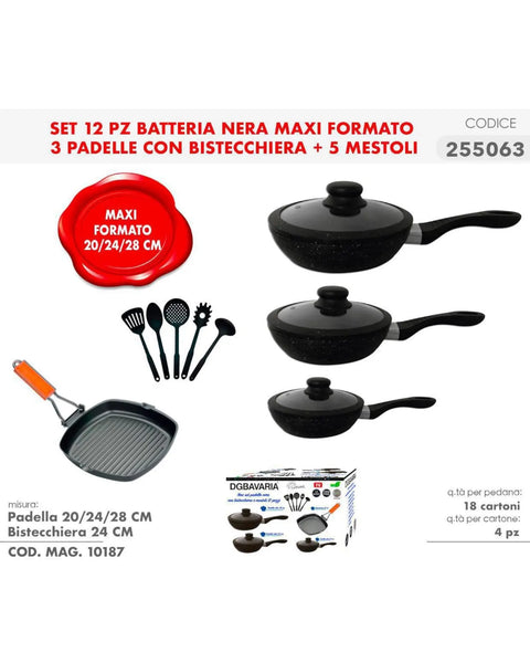 Set di pentole batteria 12 pezzi in pietra antiaderente Bavaria con bistecchiera DG Bavaria