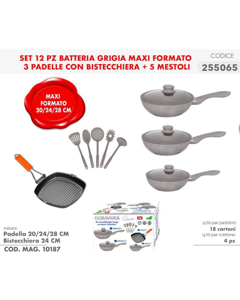 Set di pentole batteria 12 pezzi in pietra antiaderente Bavaria con bistecchiera DG Bavaria